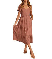 summer casual dress linen midi dress button down v neck short sleeve ruffle tiered dress with pocket