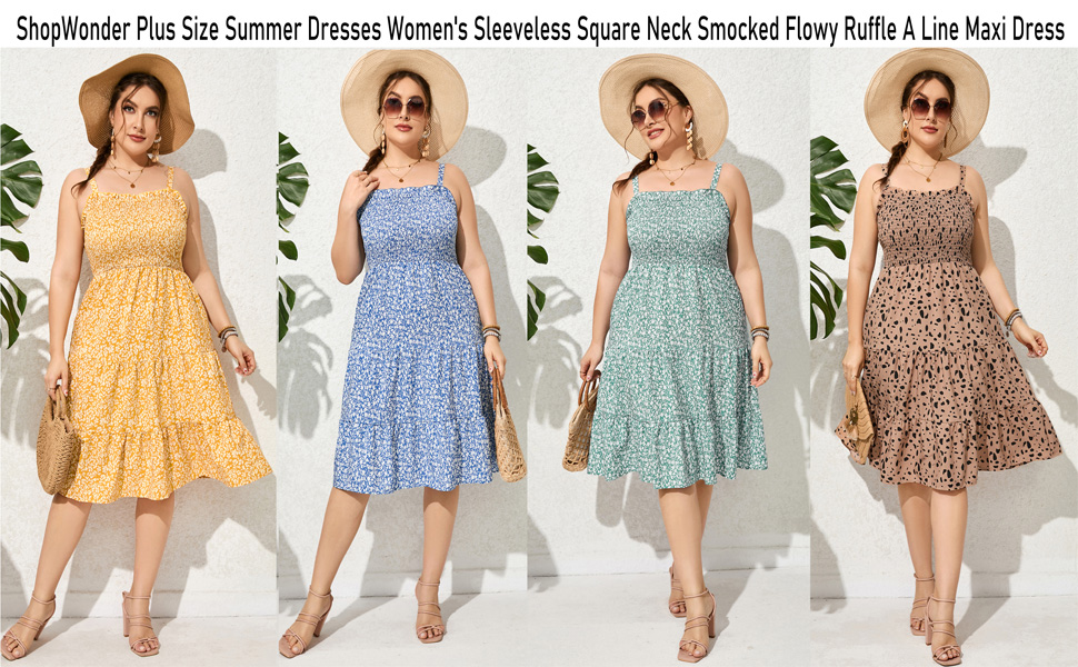 ShopWonder Women’s Plus Size Sleeveless Smocked Dress Square Neck Ruffle A Line Beach Sundress