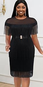 Women''s Black Crewneck See Through Mesh Fringe Tiered Knee Length Dress