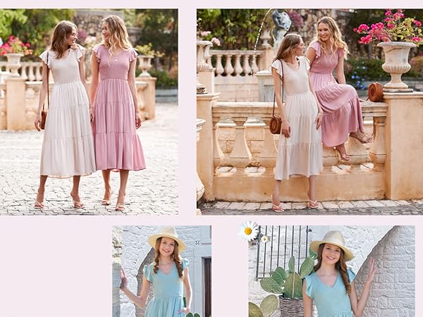 V Neck Smocked Flowy Long Sun Dress