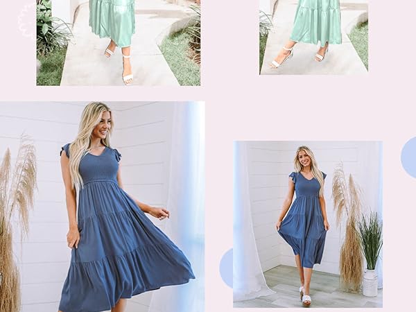 Women&#39;s V Neck Flowy Pleated Maxi Midi Dress with Pockets