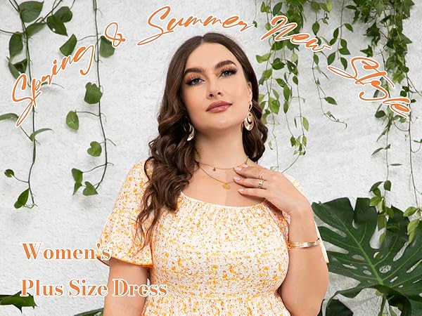 Plus Size Summer Dress for Women Square Neck Short Ruffle Sleeve Flowy Dress with Pockets