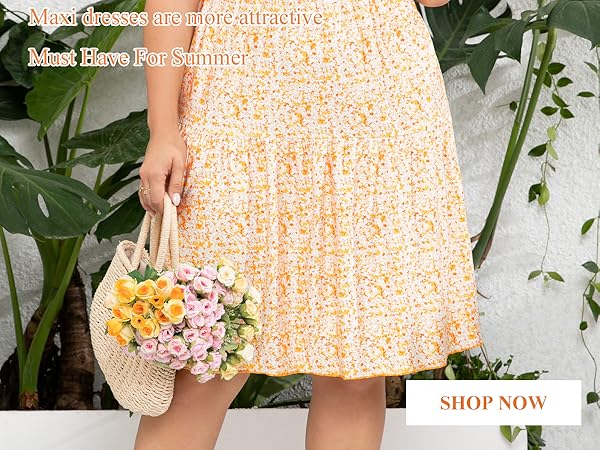 Plus Size Summer Dress for Women Square Neck Short Ruffle Sleeve Flowy Dress with Pockets