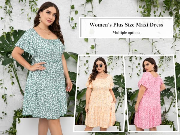 Plus Size Summer Dress for Women Square Neck Short Ruffle Sleeve Flowy Dress with Pockets