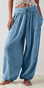 Women Linen Pants Petite Drawstring Cotton Capris Pants Tummy Control Wide Leg with Pocket Blue