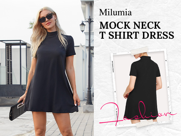 Milumia Women''s Casual Mock Neck T Shirt Dress Plain Short Sleeve Loose Swing Dress