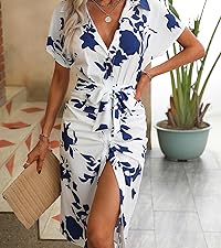 Milumia Women&#39;s Printed Button Up Belted Midi Dress Wrap Short Sleeve Collar Shirt Dresses