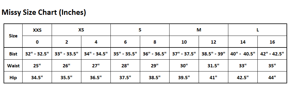 Missy Size Chart