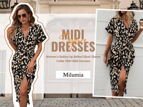 Milumia Women''s Printed Button Up Belted Midi Dress Wrap Short Sleeve Collar Shirt Dresses