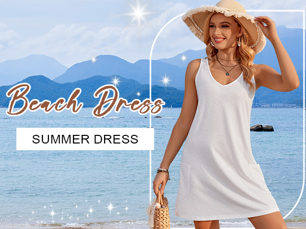 women&#39;s sleeveless sundresses summer short beach dress cover up women white t shirts dress