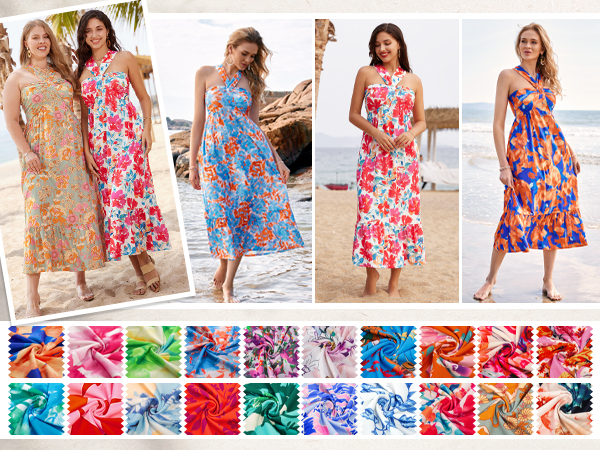 floral print halter maxi long dress