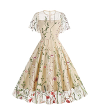 Summer Floral Embroidery Dress for Women Flutter Sleeve Flower Embroidered Tulle Prom Dress