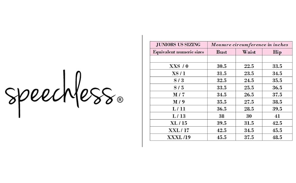 Size chart Juniors Dresses