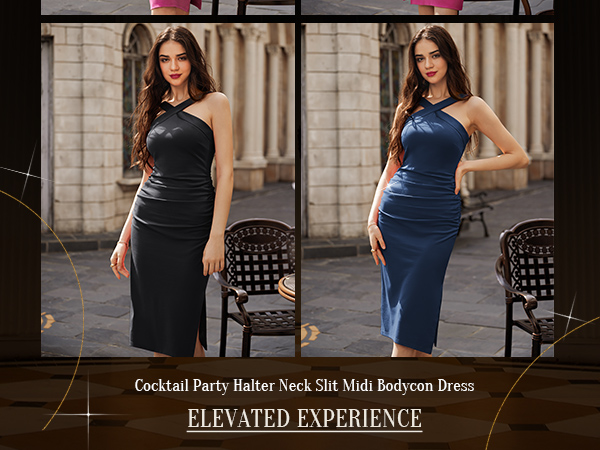 Wedding Guest Dress for Women Halter Neck Sleeveless Ruched Bodycon Slit Dress Cocktail Party Dress