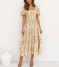 Womens 2024 Summer Casual Short Sleeve Boho Floral Maxi Dress Crew Neck Smocked Tiered Long Dresses