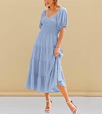 Womens Spring Dresses 2024 Puff Sleeve V Neck Swiss Dot High Waist Chiffon Smocked Maxi Dresses