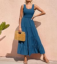 Womens 2024 Casual Loose Plain Maxi Sundress Smocked Tank Dress Sleeveless Summer Tiered Dresses