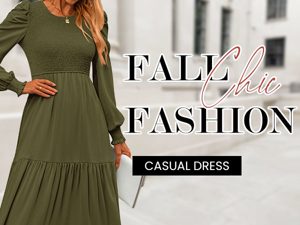 fall dresses long sleeve crewneck smocked flowy dresses for women casual a line tiered midi dress