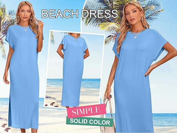 Womens Casual Loose Short Sleeve Long Dress Slit Maxi Summer Beach Dress