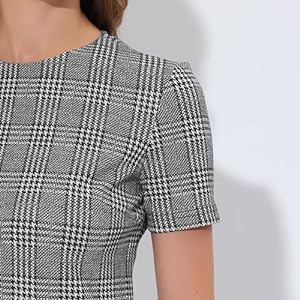 Allegra K Vintage Houndstooth for Women''s Round Neck Short Sleeve Office Pencil Sheath Dress