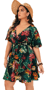 Floerns Women''s Plus Size Tropical Print V Neck Short Sleeve Belted Short Dress