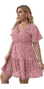 Floerns Women''s Plus Size Wrap V Neck Short Sleeve Ruffle Hem A Line Short Dress