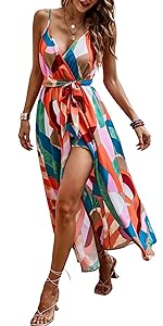 WDIRARA Women''s Wrap Front Ruched Hem Sleeveless Spaghetti Straps Belted Colorblock Cami Dress