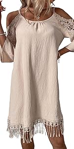 WDIRARA Women''s Contrast Lace Cold Shoulder Scoop Neck Fringe Hem Short Dress