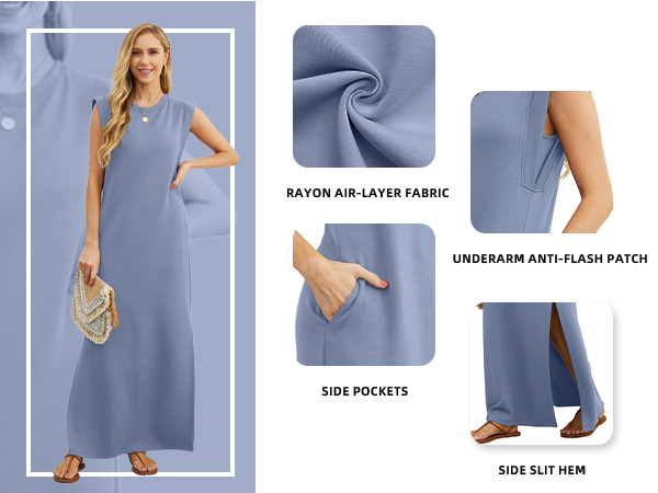 Features: Rayon Air-layer Fabric, Underarm anti-flash patch, Side Pockets, Side Slit Hem 