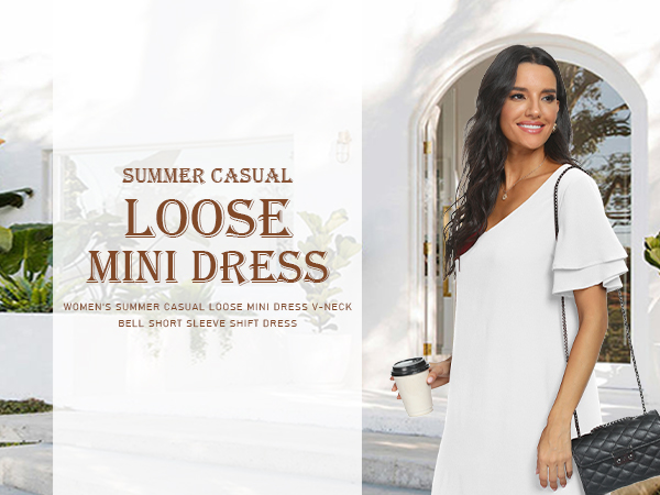 Summer Casual Loose Mini Dress V-Neck Bell Short Sleeve Shift Dress 