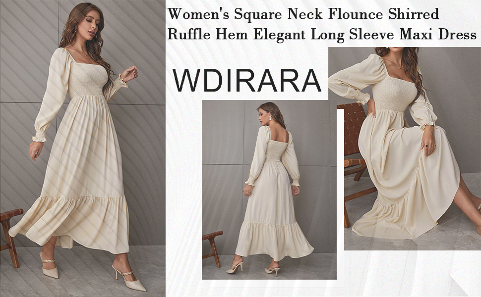 WDIRARA Women''s Square Neck Flounce Shirred Ruffle Hem Elegant Long Sleeve Maxi Dress