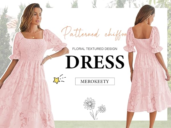 MEROKEETY Women''s Short Sleeve Square Neck Tiered Smocked Dress