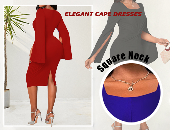 Elegant Bodycon Pencil Cape Dress with Zipprt for Church