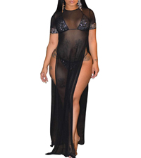 Women''s Sexy Long Maxi Dresses Summer Casual See Thru Round Neck Short Sleeve Sheer Mesh Beach 