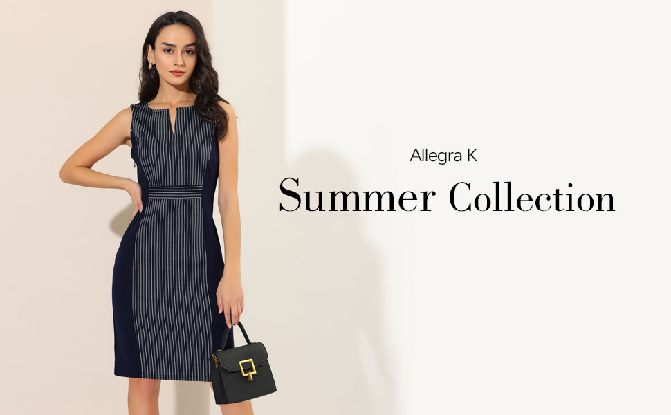 Allegra K Women''s Sheath Dress Strip V Neck Work Office Sleeveless Bodycon Pencil Midi Dresses 