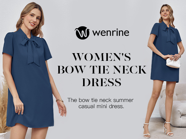 Wenrine Women''s Bow Tie Neck Summer Casual Mini Dress Puff Short Sleeve Loose Solid Shift Dress 