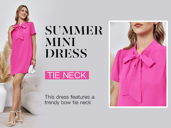 Wenrine Women''s Bow Tie Neck Summer Casual Mini Dress Puff Short Sleeve Loose Solid Shift Dress 