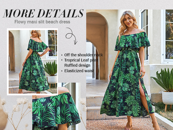 green tropical tree print off the shoulder maxi summer ruffled dress