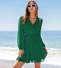 green v neck chiffon long sleeve mini dress