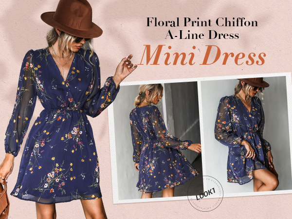 navy floral print v neck mini dress