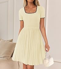 Ribbed Square Neck Color Block Pleated Mini Dress