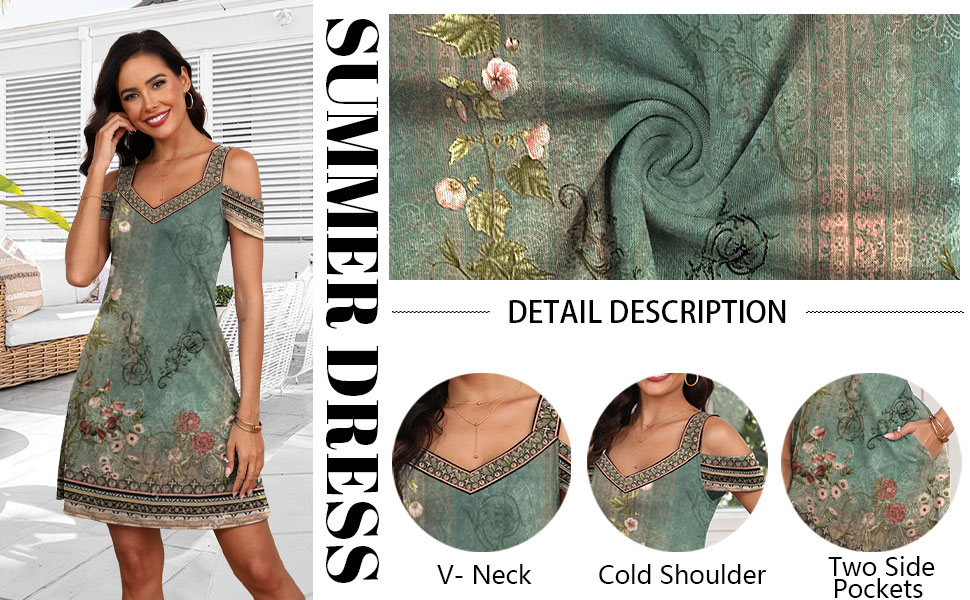 women dress sexy v neck cold shoulder 2024 stylish summer beach holiday floral printed boho sundress