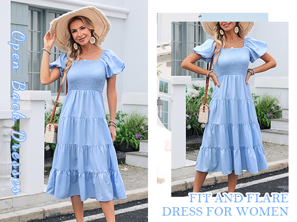 Square Neck Smocked Tiered Ruffle Dresses 