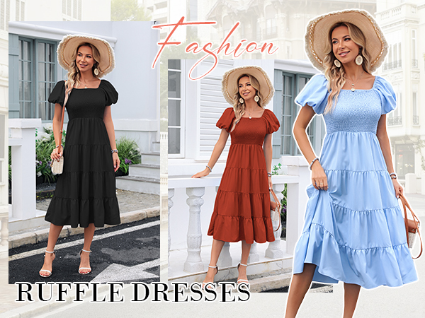 Casual Square Neck Ruffle Tiered Dress 