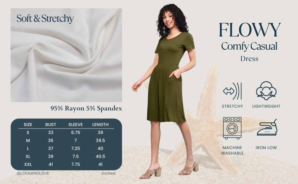 FLOWY COMFY CASUAL DRESS SOFT STRETCHY RAYON LIGHTWEIGHT MACHINE WASH IRON SIZE CHART