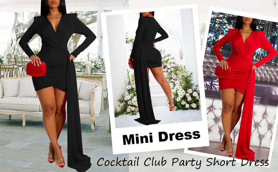 Sexy Deep V Neck Ruched Mini Dress Long Sleeve Wrap Cocktail Short Club Party Dress