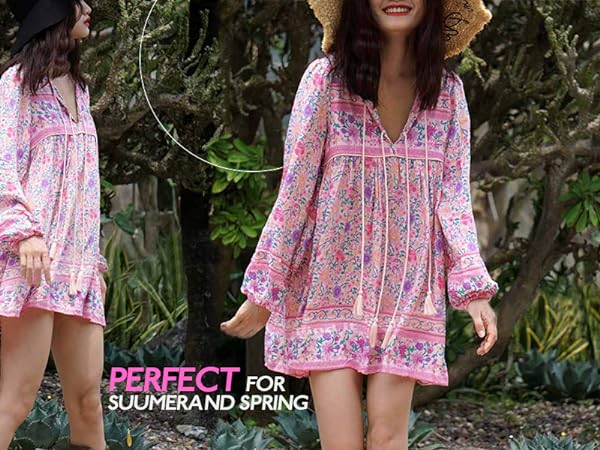 Women&#39;s Long Sleeve V Neck Boho Floral Print Casual Flowy Mini Dress