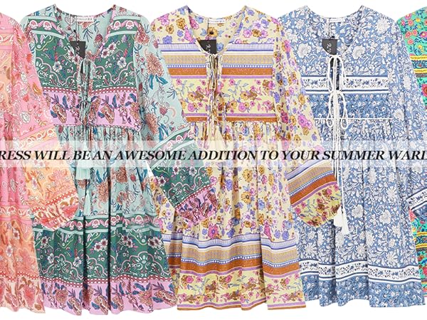 Womens Long Sleeve V Neck Boho Floral Print Casual Flowy Mini Dress