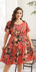 Women Plus Size Floral Chiffon Dress 