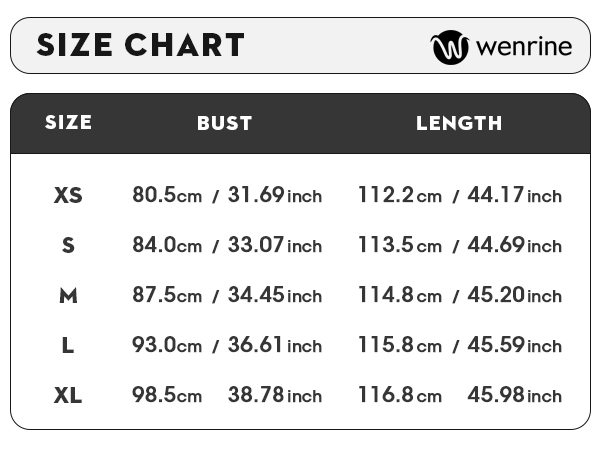 Wenrine Standard Size Chart